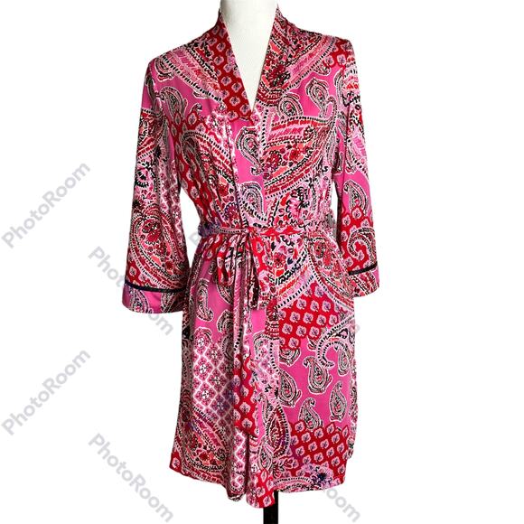 New Directions Intimates Bath Robe Pink Paisley SZ S/M Knee Length Tie Wrap Sexy - Picture 1 of 7